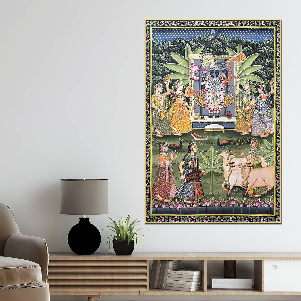 Cow Peacocks & Gopika Worship Sacred Lord Shrinathji Pichwai Canvas Wall Painting