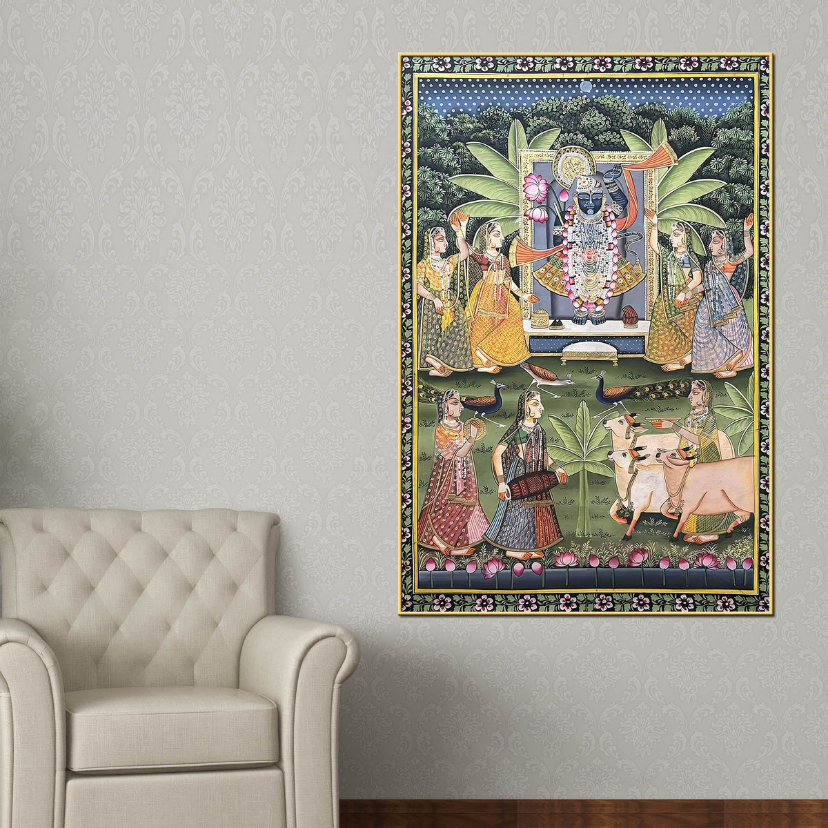 Cow Peacocks & Gopika Worship Sacred Lord Shrinathji Pichwai Canvas Wall Painting