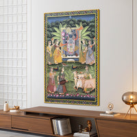 Cow Peacocks & Gopika Worship Sacred Lord Shrinathji Pichwai Canvas Wall Painting