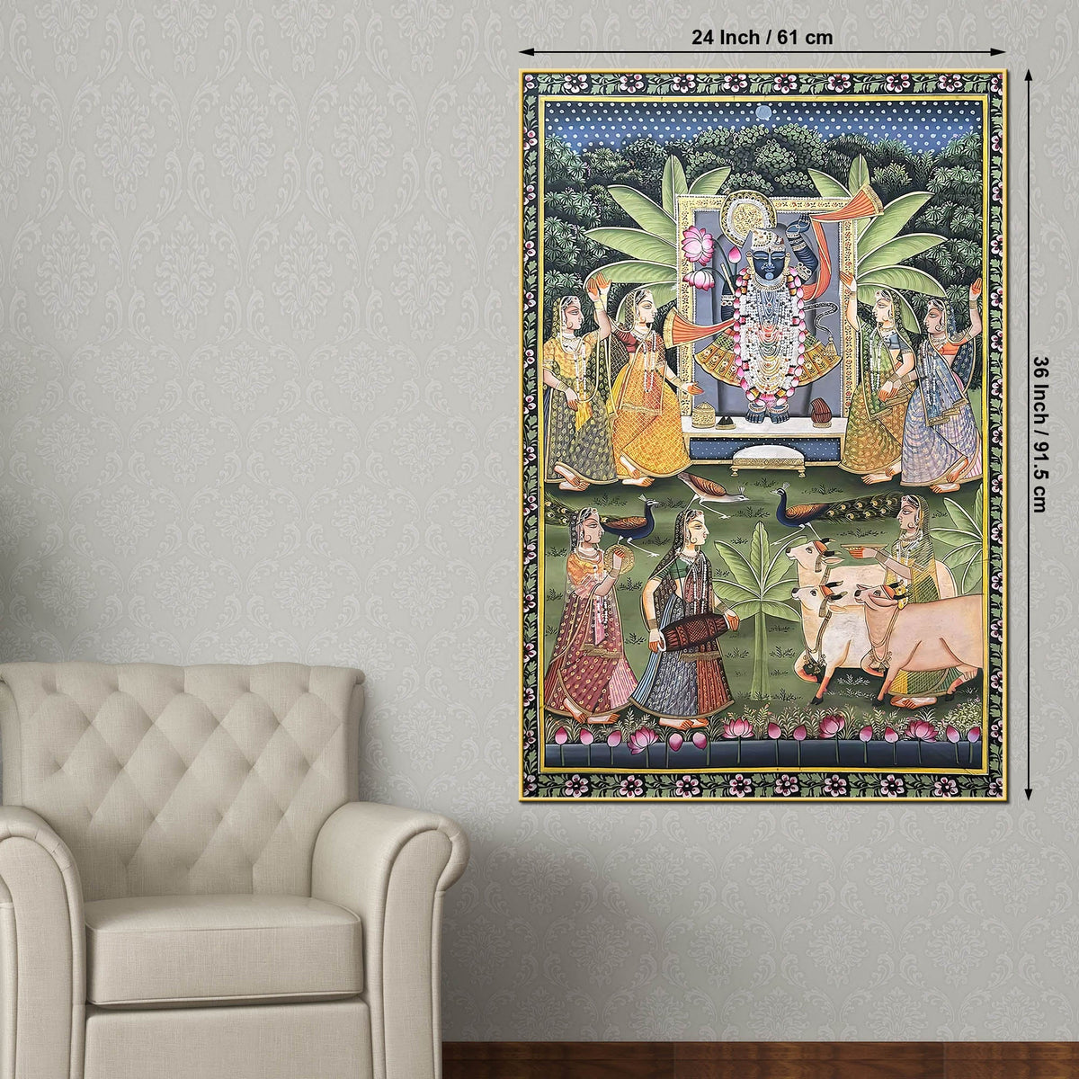 Cow Peacocks & Gopika Worship Sacred Lord Shrinathji Pichwai Canvas Wall Painting