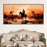 Cowboy Riding Horse at Sunset Rustic Western Style Abstract Canvas Wall Painting