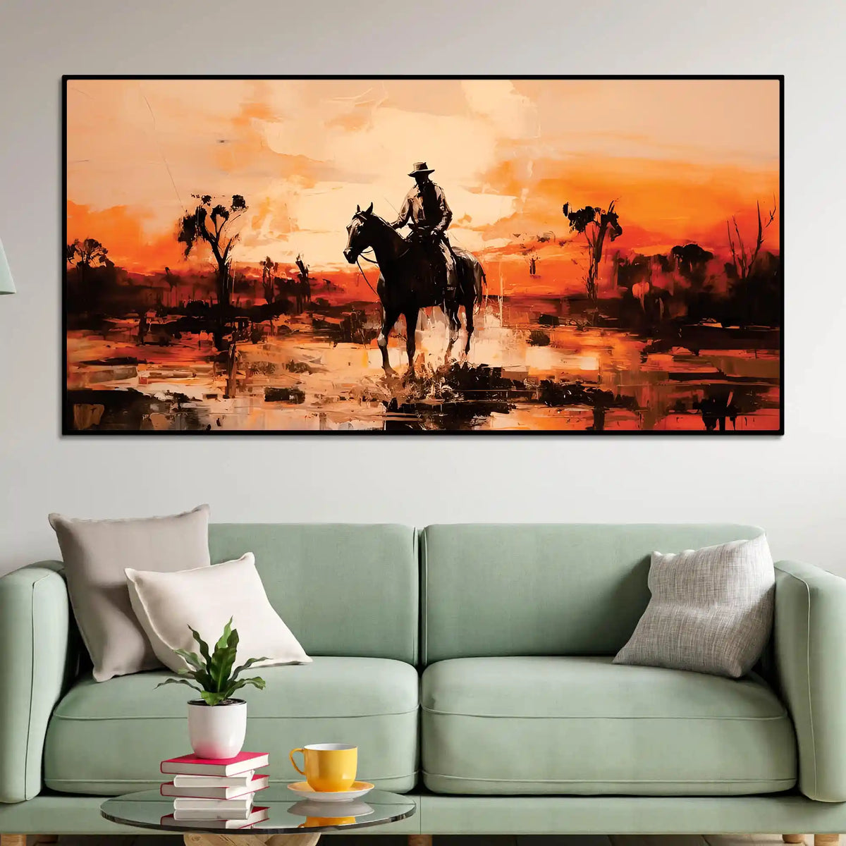 Cowboy Riding Horse at Sunset Rustic Western Style Abstract Canvas Wall Painting
