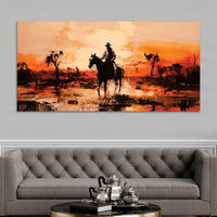 Cowboy Riding Horse at Sunset Rustic Western Style Abstract Canvas Wall Painting