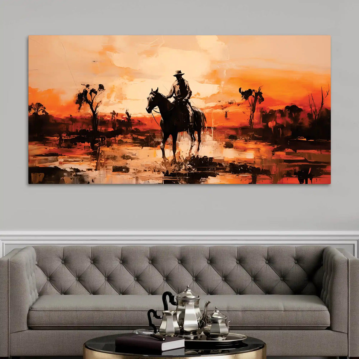 Cowboy Riding Horse at Sunset Rustic Western Style Abstract Canvas Wall Painting