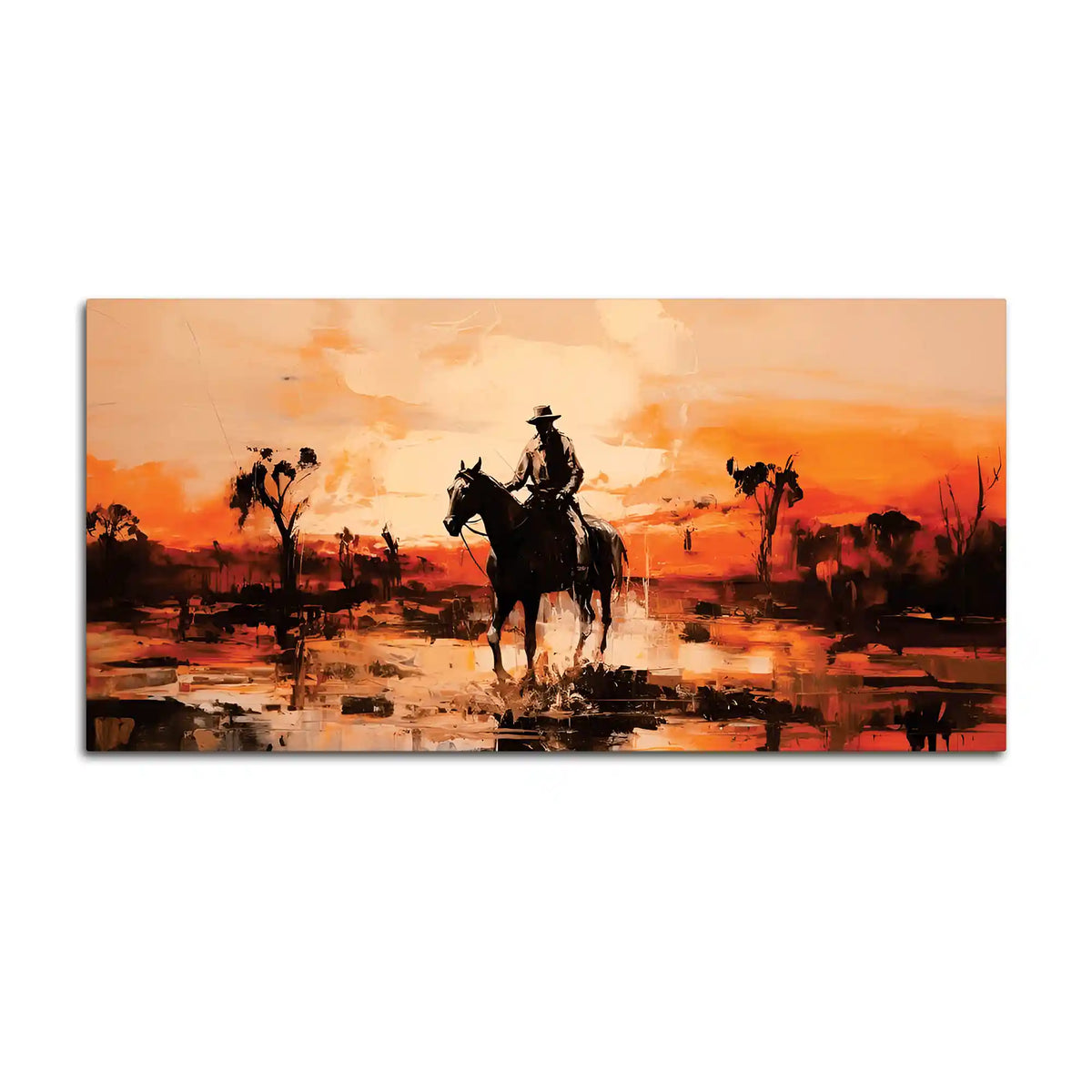 Cowboy Riding Horse at Sunset Rustic Western Style Abstract Canvas Wall Painting