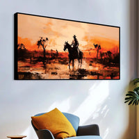 Cowboy Riding Horse at Sunset Rustic Western Style Abstract Canvas Wall Painting