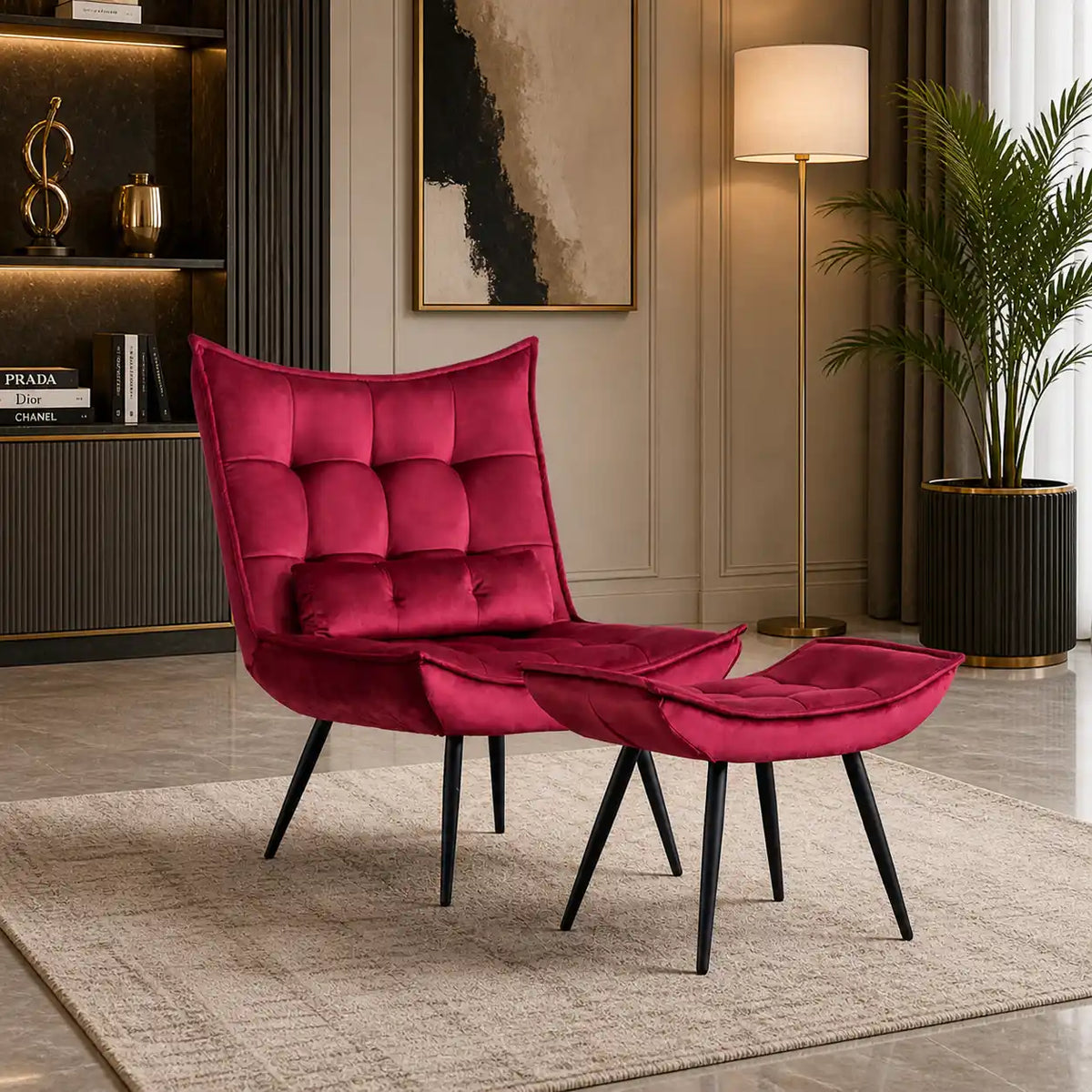 Crimson Leatherette Finish Accent Chair with Footrest & Cushion