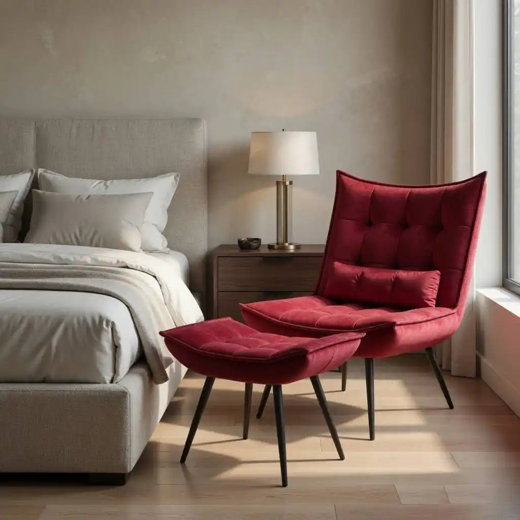 Crimson Leatherette Finish Accent Chair with Footrest & Cushion