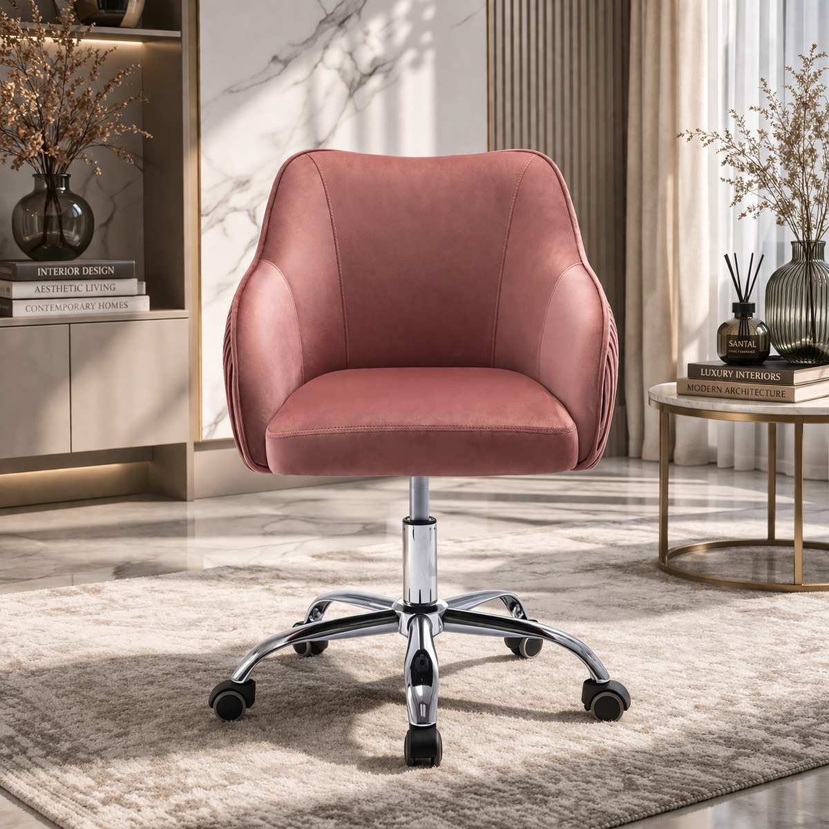 Curved Arm Pink Velvet Office Chair for Comfort and Style