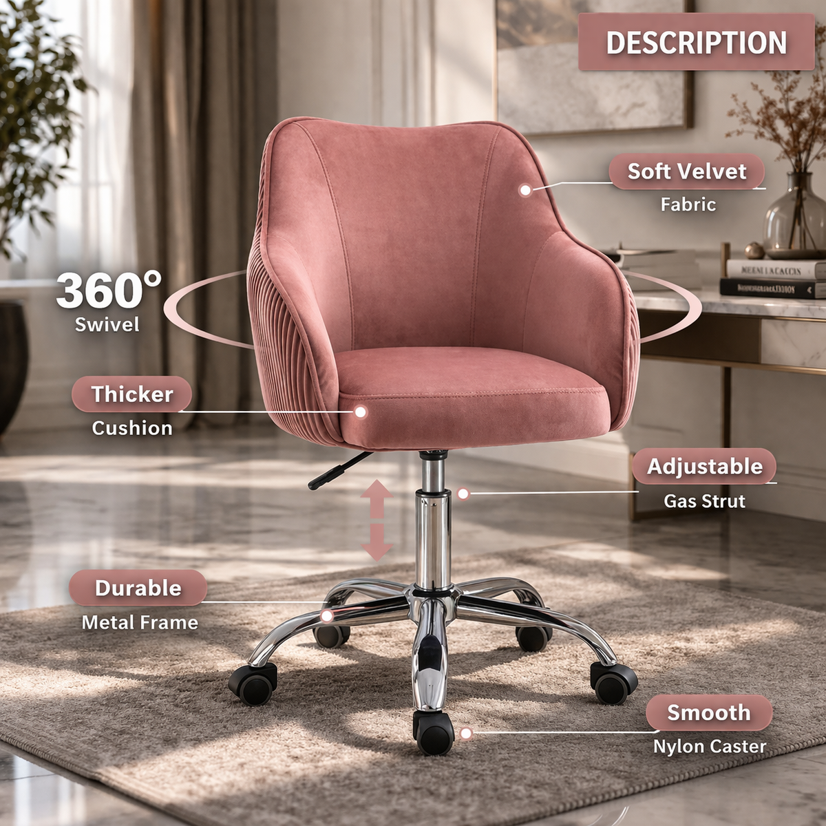 Curved Arm Pink Velvet Office Chair for Comfort and Style
