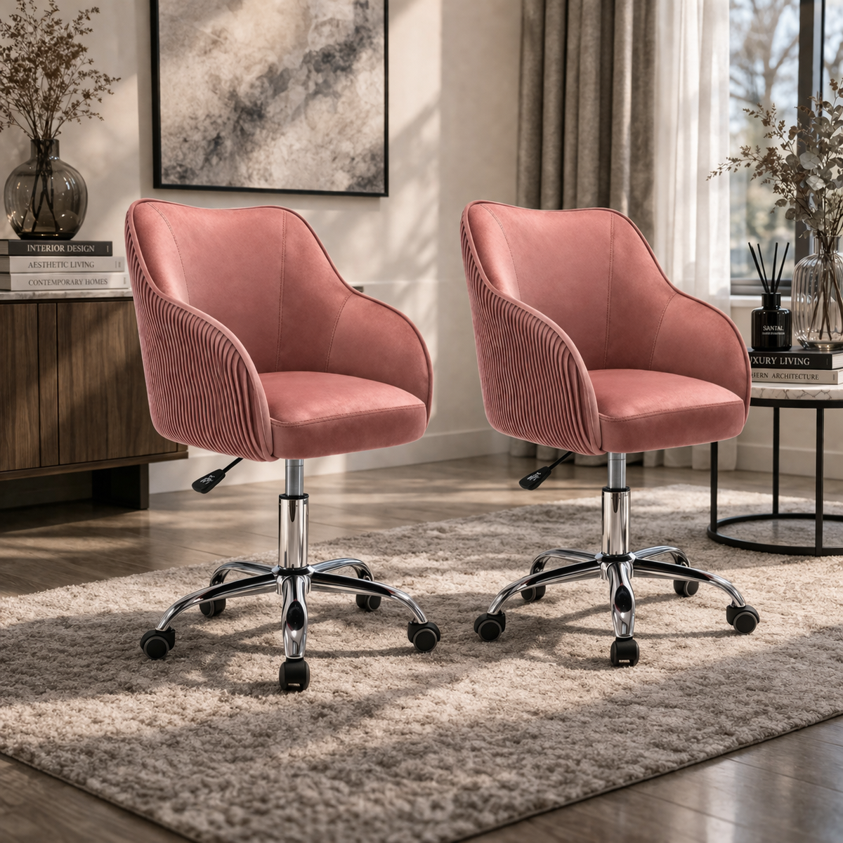 Curved Arm Pink Velvet Office Chair for Comfort and Style