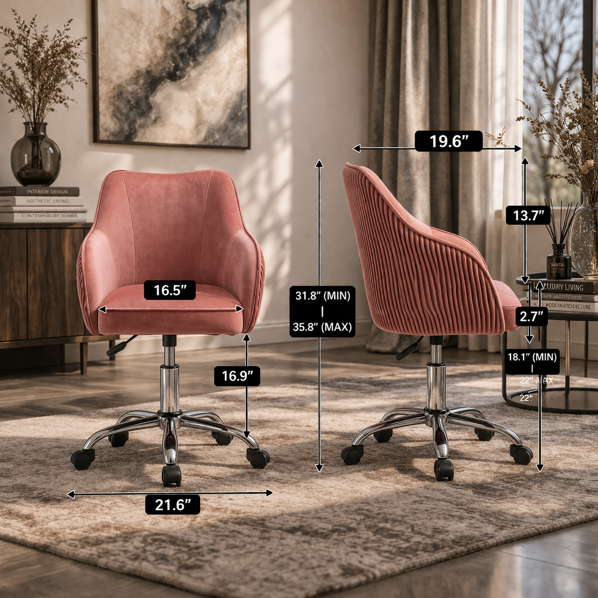 Curved Arm Pink Velvet Office Chair for Comfort and Style