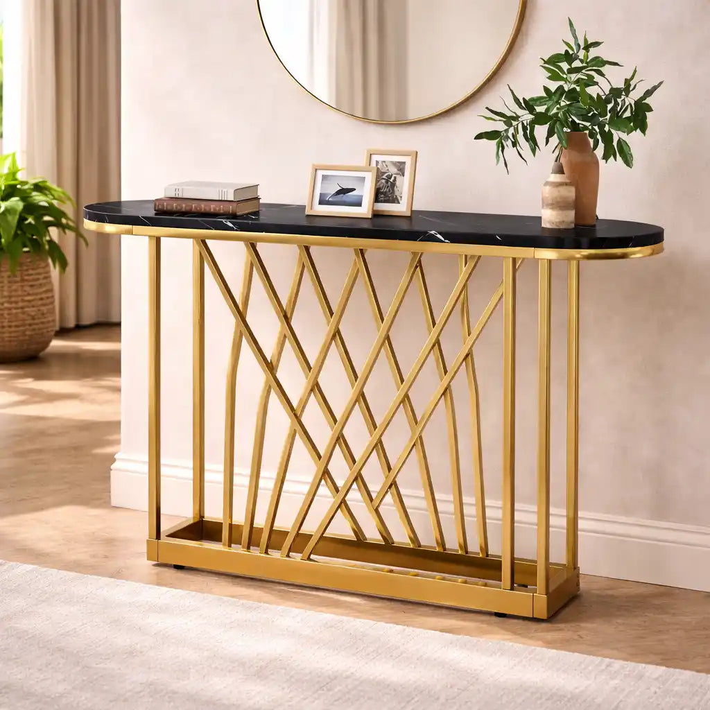 D-End Black Marble Gold Designer Base Console Table