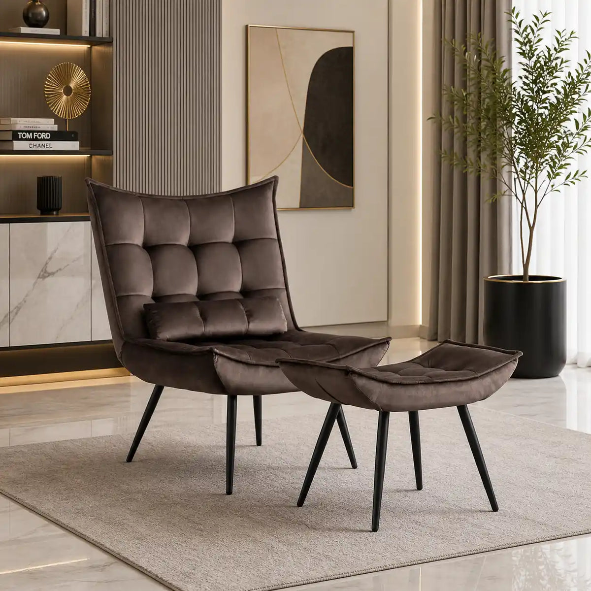 Dark Chocolate Leatherette Finish Accent Chair with Footrest & Cushion
