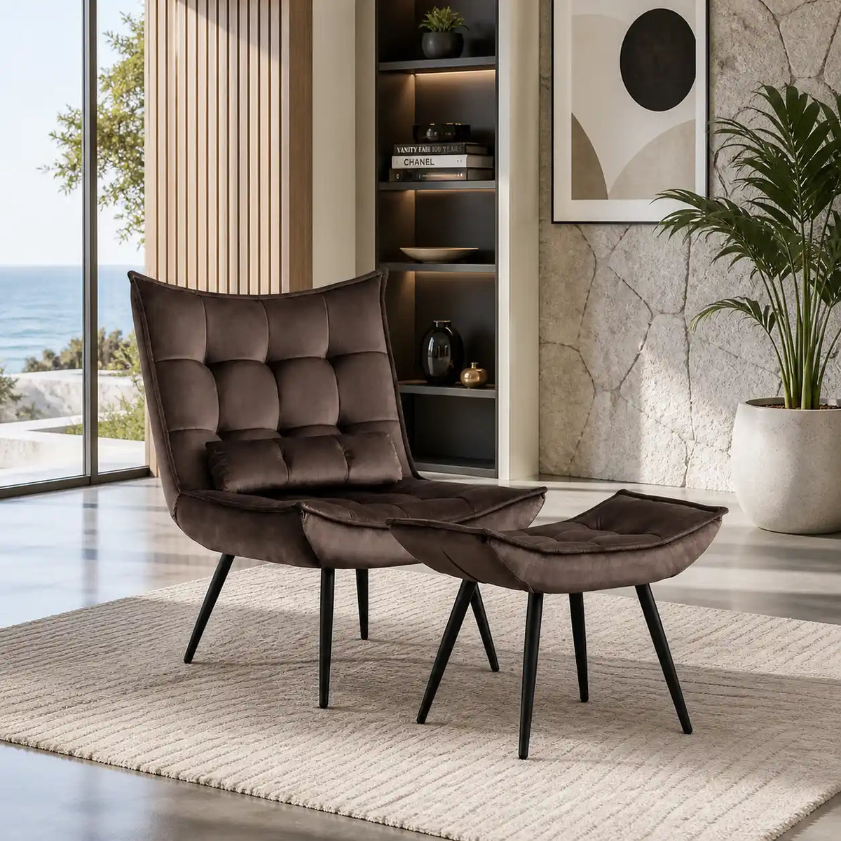 Dark Chocolate Leatherette Finish Accent Chair with Footrest & Cushion
