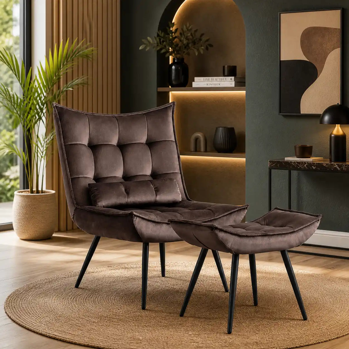 Dark Chocolate Leatherette Finish Accent Chair with Footrest & Cushion