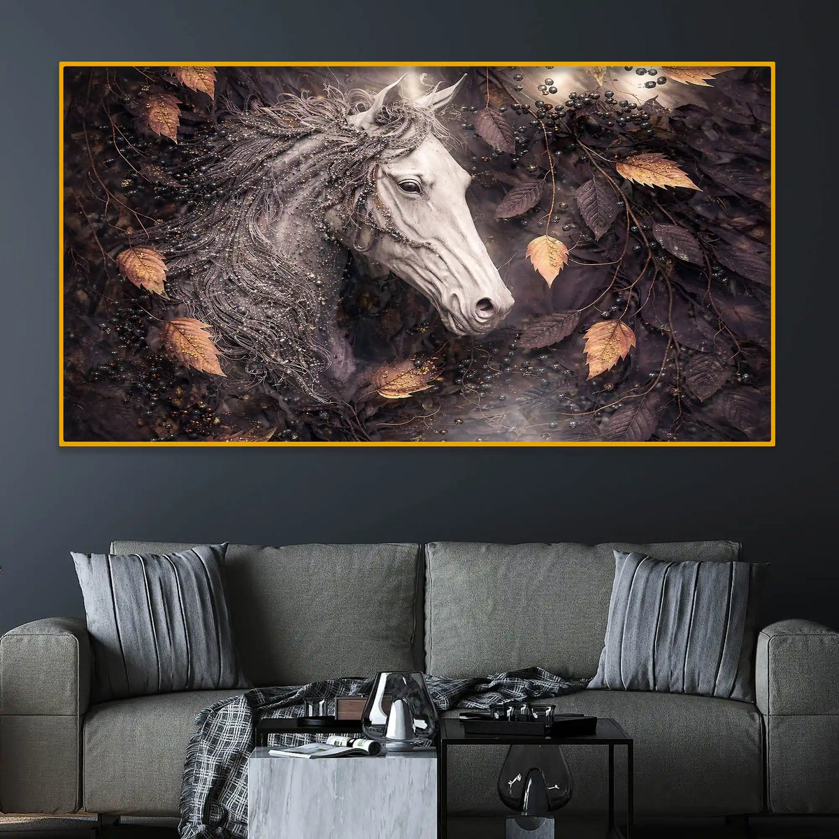 Dark Theme Horse Crystal Glass Painting for Premium Wall Decoration