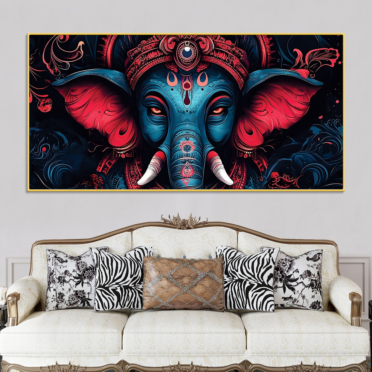 Dark Themed Powerful Lord Shri Ganesha Face Painting – Modern Indian Canvas Home Décor