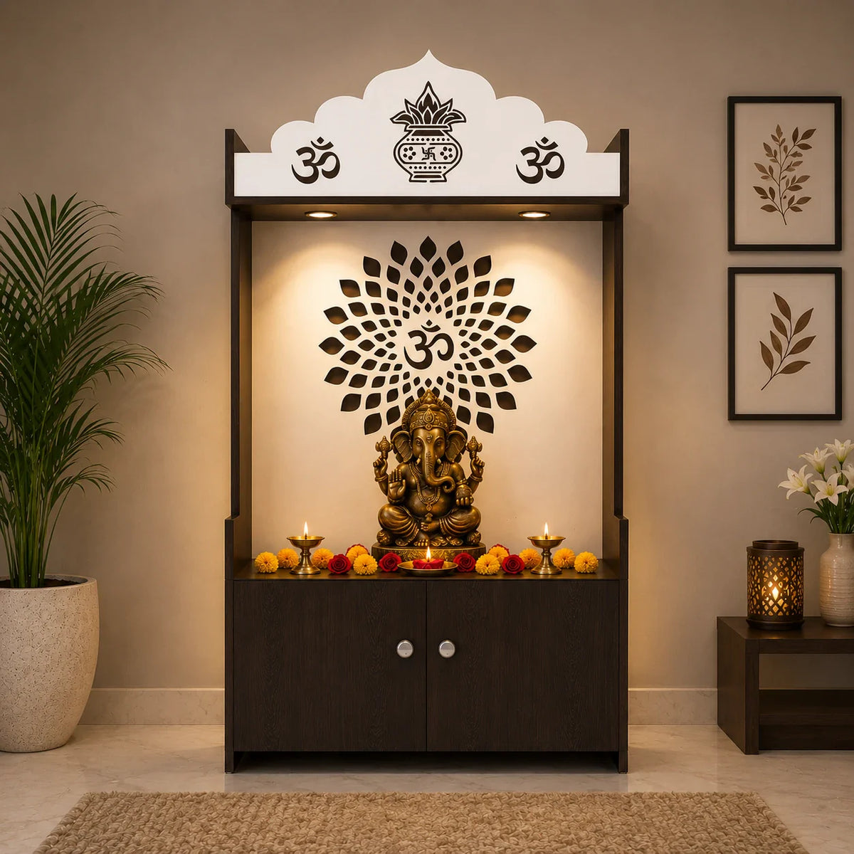 Dark Wooden Floor Pooja Mandir with Kalash & Om Top Design Lotus Pattern Back Panel Storage Cabinet
