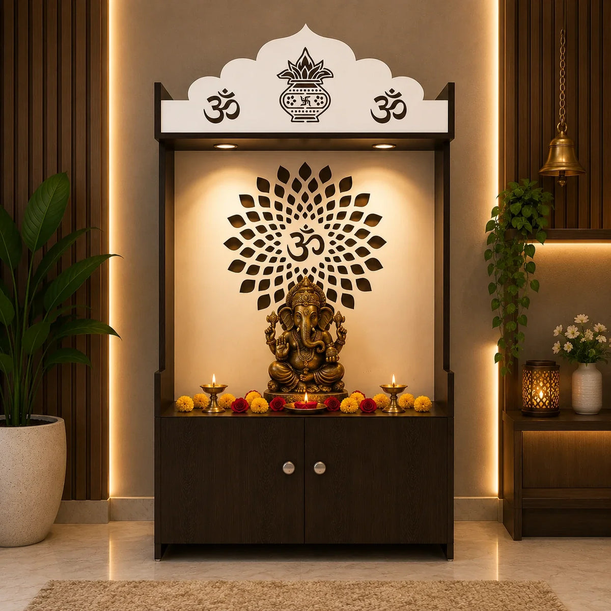 Dark Wooden Floor Pooja Mandir with Kalash & Om Top Design Lotus Pattern Back Panel Storage Cabinet