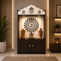 Dark Wooden Floor Pooja Mandir with Kalash & Om Top Design Lotus Pattern Back Panel Storage Cabinet