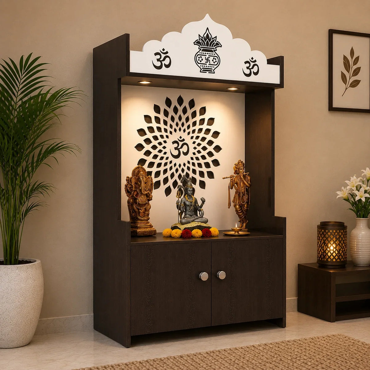 Dark Wooden Floor Pooja Mandir with Kalash & Om Top Design Lotus Pattern Back Panel Storage Cabinet