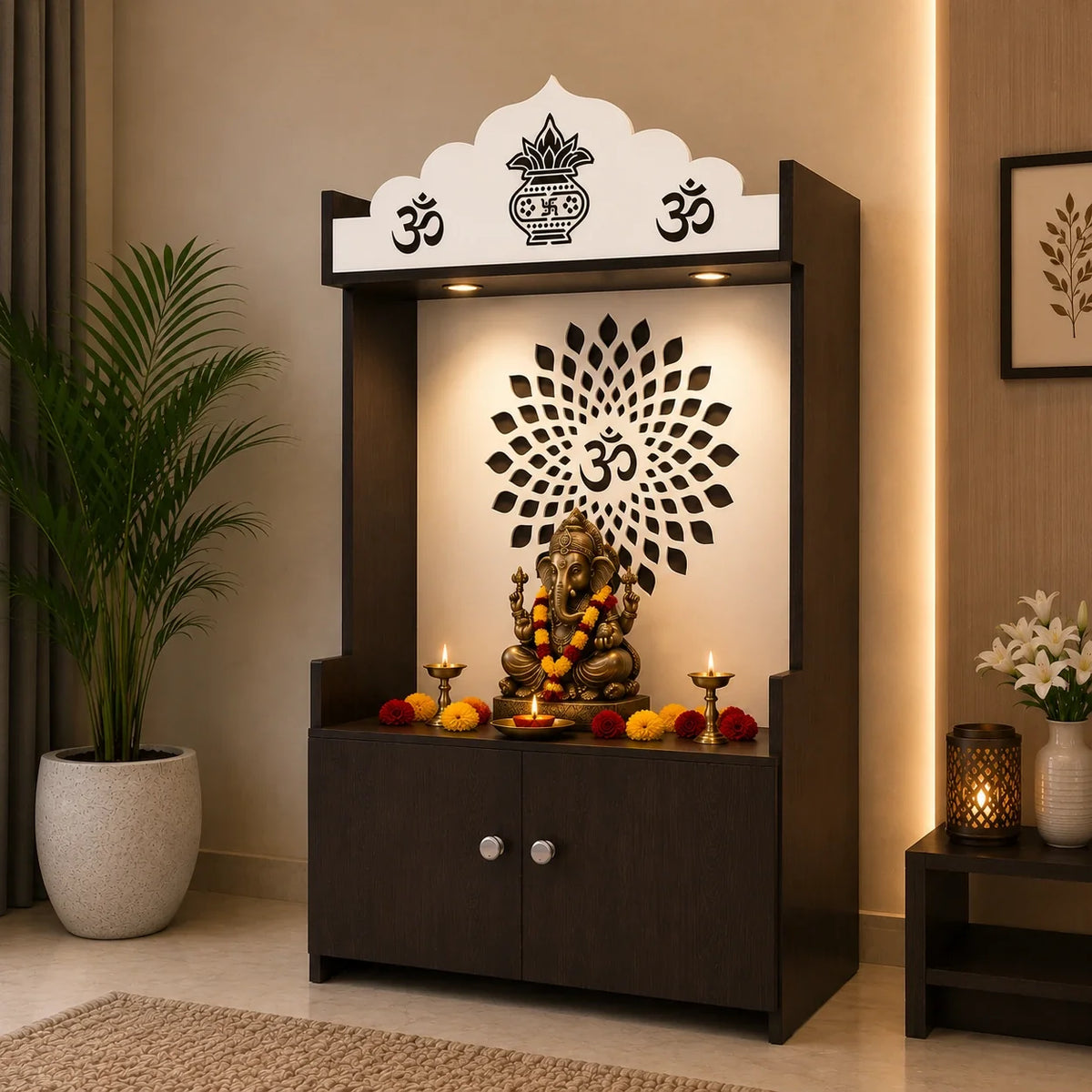 Dark Wooden Floor Pooja Mandir with Kalash & Om Top Design Lotus Pattern Back Panel Storage Cabinet