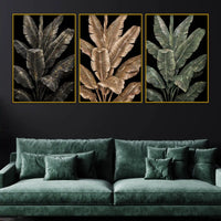 Dazzling Black and Gold Tropical Leaves Floating Frame Crystal Wall Painting Set of 3