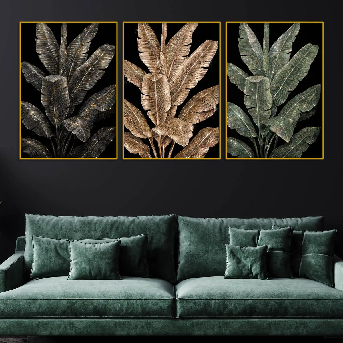 Dazzling Black and Gold Tropical Leaves Floating Frame Crystal Wall Painting Set of 3
