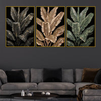 Dazzling Black and Gold Tropical Leaves Floating Frame Crystal Wall Painting Set of 3