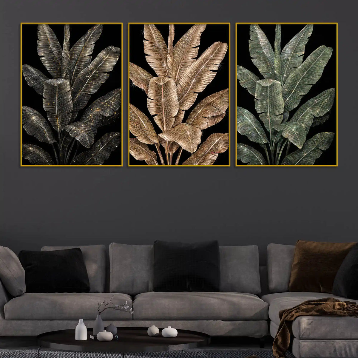 Dazzling Black and Gold Tropical Leaves Floating Frame Crystal Wall Painting Set of 3