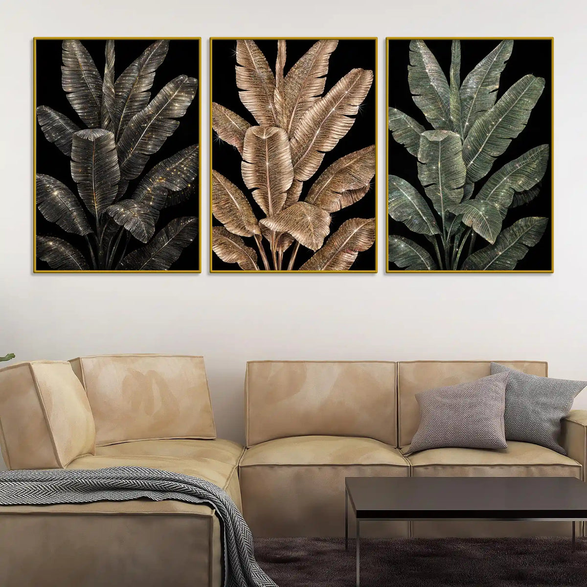 Dazzling Black and Gold Tropical Leaves Floating Frame Crystal Wall Painting Set of 3