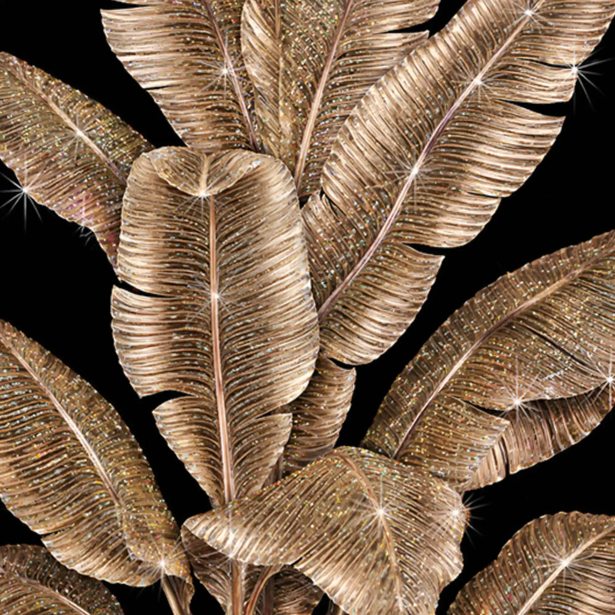 Dazzling Black and Gold Tropical Leaves Floating Frame Crystal Wall Painting Set of 3