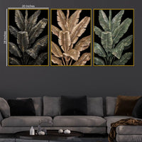 Dazzling Black and Gold Tropical Leaves Floating Frame Crystal Wall Painting Set of 3