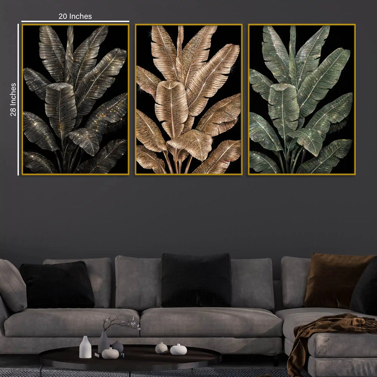Dazzling Black and Gold Tropical Leaves Floating Frame Crystal Wall Painting Set of 3