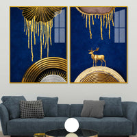 Dazzling Golden Deer on Sapphire Abstract Acrylic Floating Wall Painting Set of 2