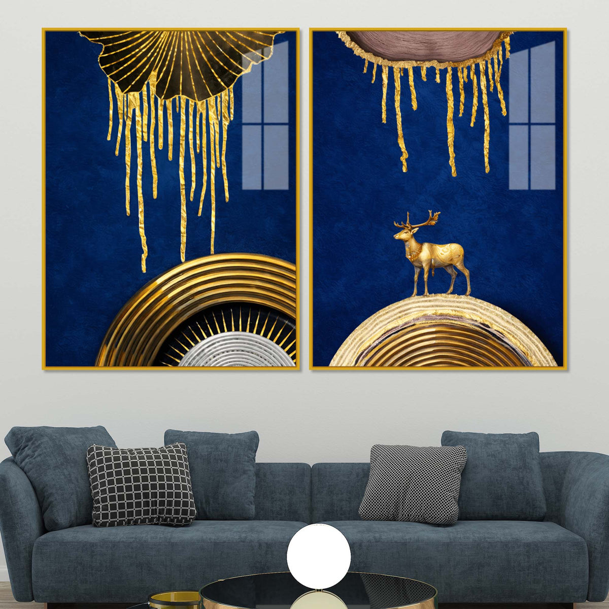Dazzling Golden Deer on Sapphire Abstract Acrylic Floating Wall Painting Set of 2