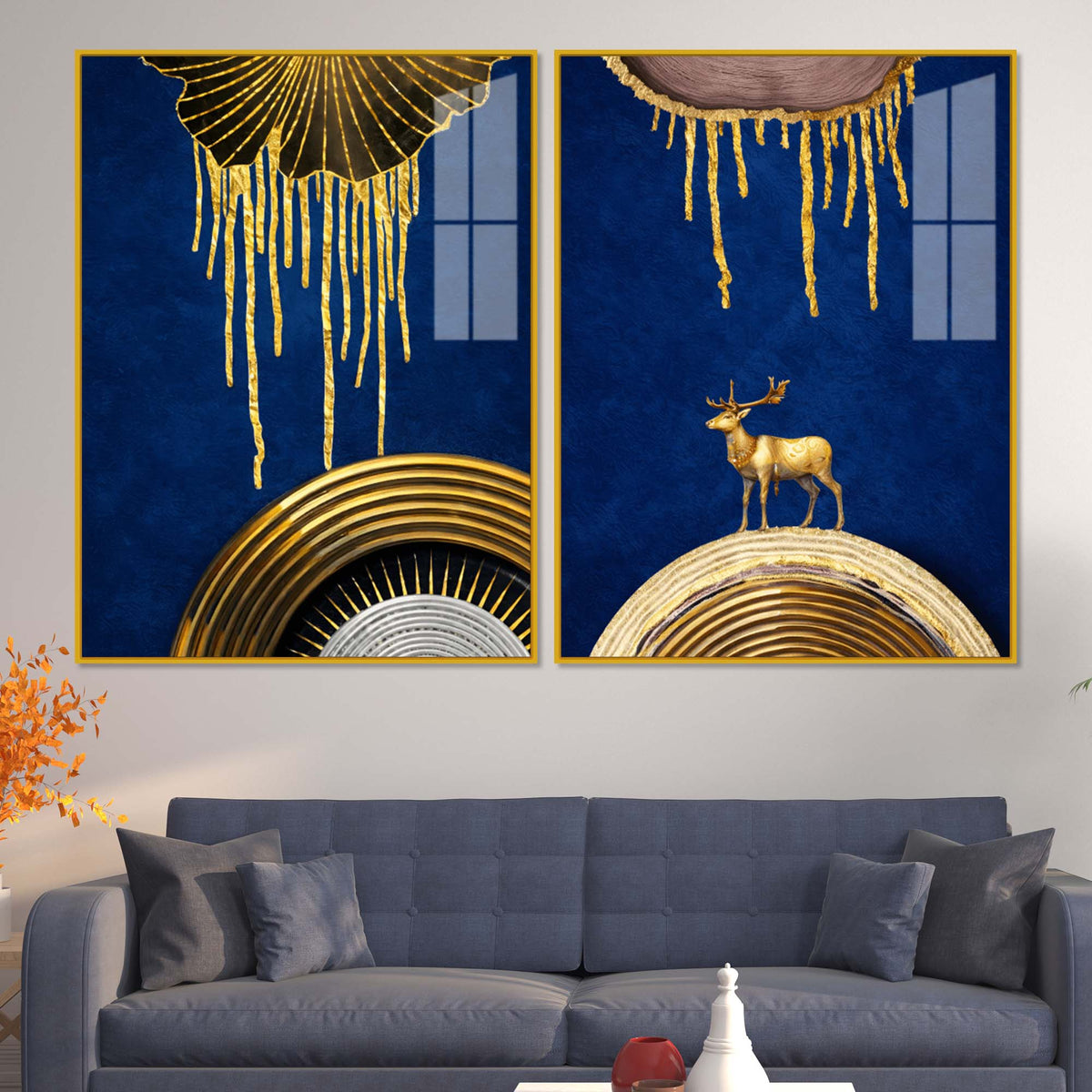 Dazzling Golden Deer on Sapphire Abstract Acrylic Floating Wall Painting Set of 2