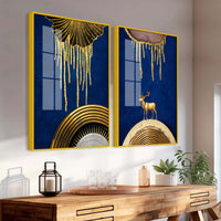 Dazzling Golden Deer on Sapphire Abstract Acrylic Floating Wall Painting Set of 2