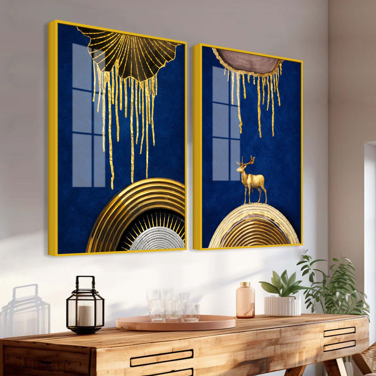 Dazzling Golden Deer on Sapphire Abstract Acrylic Floating Wall Painting Set of 2