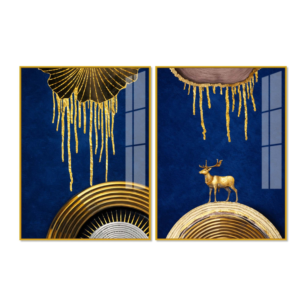 Dazzling Golden Deer on Sapphire Abstract Acrylic Floating Wall Painting Set of 2