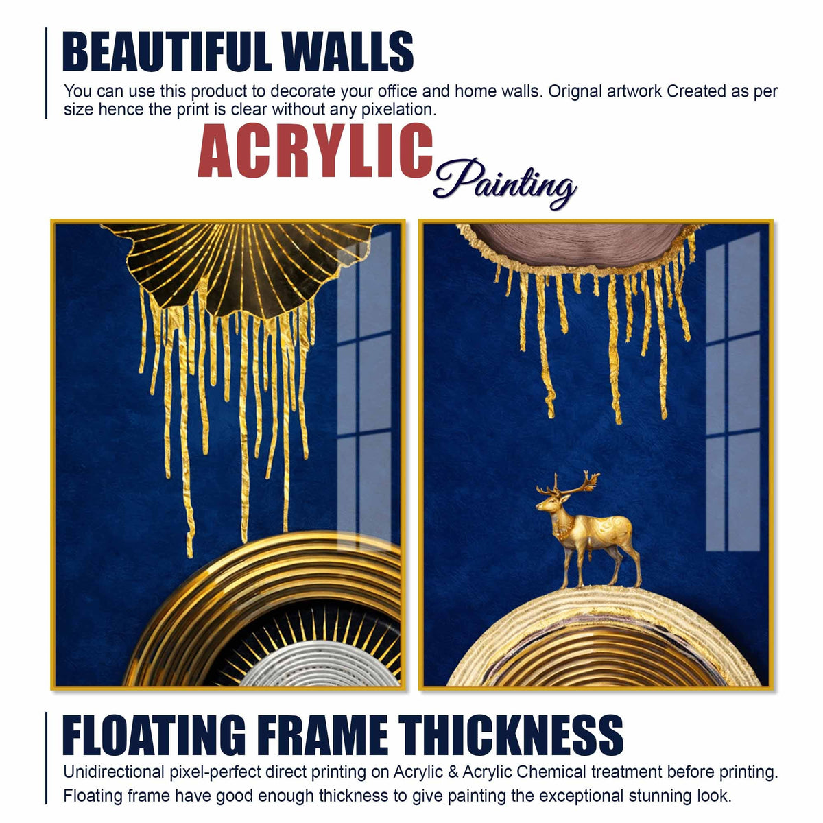 Dazzling Golden Deer on Sapphire Abstract Acrylic Floating Wall Painting Set of 2