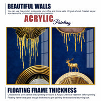 Dazzling Golden Deer on Sapphire Abstract Acrylic Floating Wall Painting Set of 2