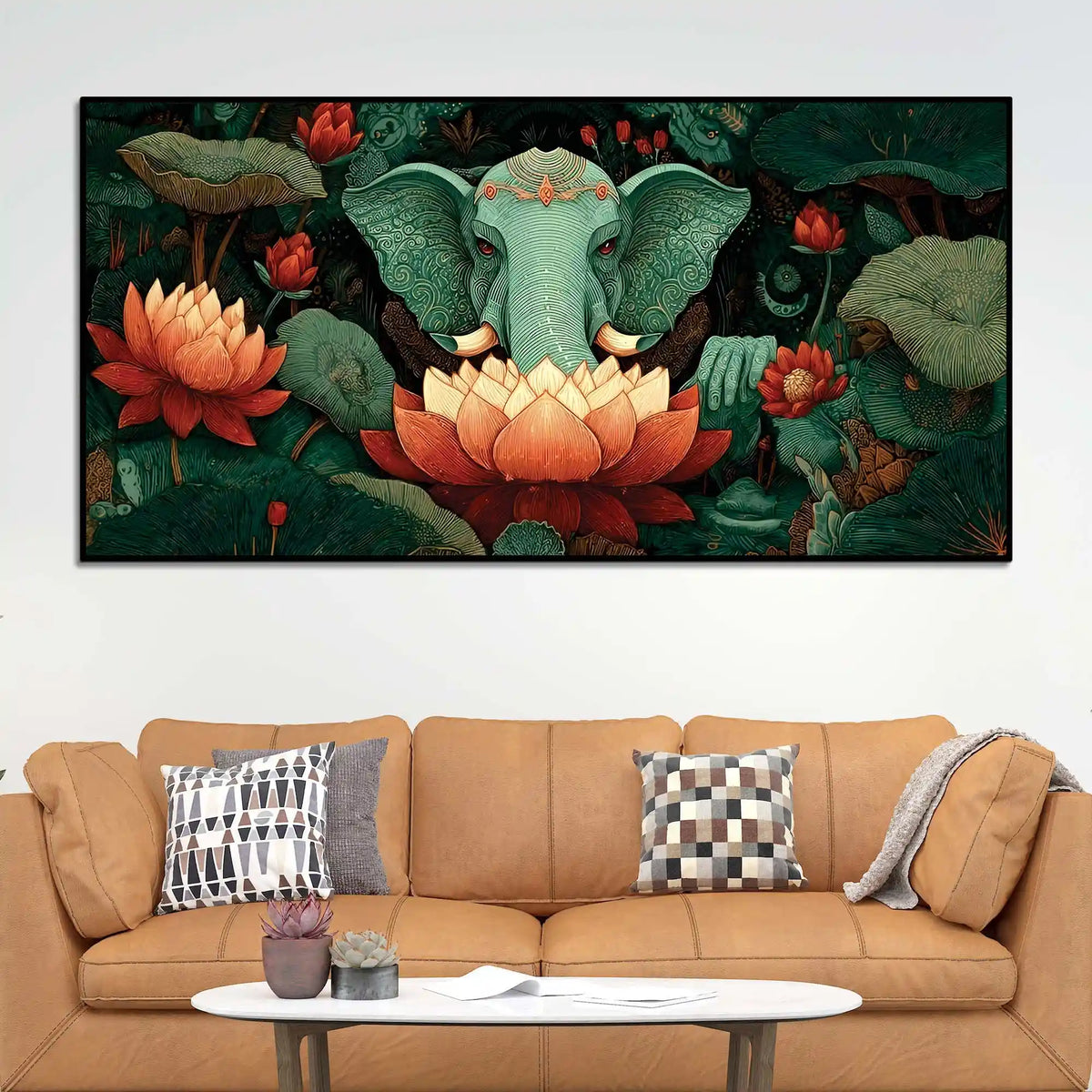 Decorative Elephant Art with Indian Folk Pattern Canvas Wall Painting