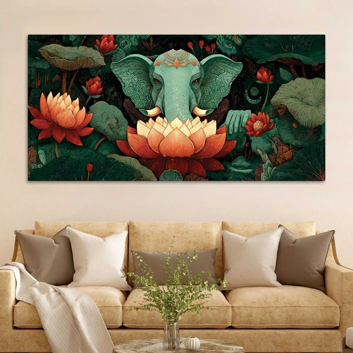 Decorative Elephant Art with Indian Folk Pattern Canvas Wall Painting