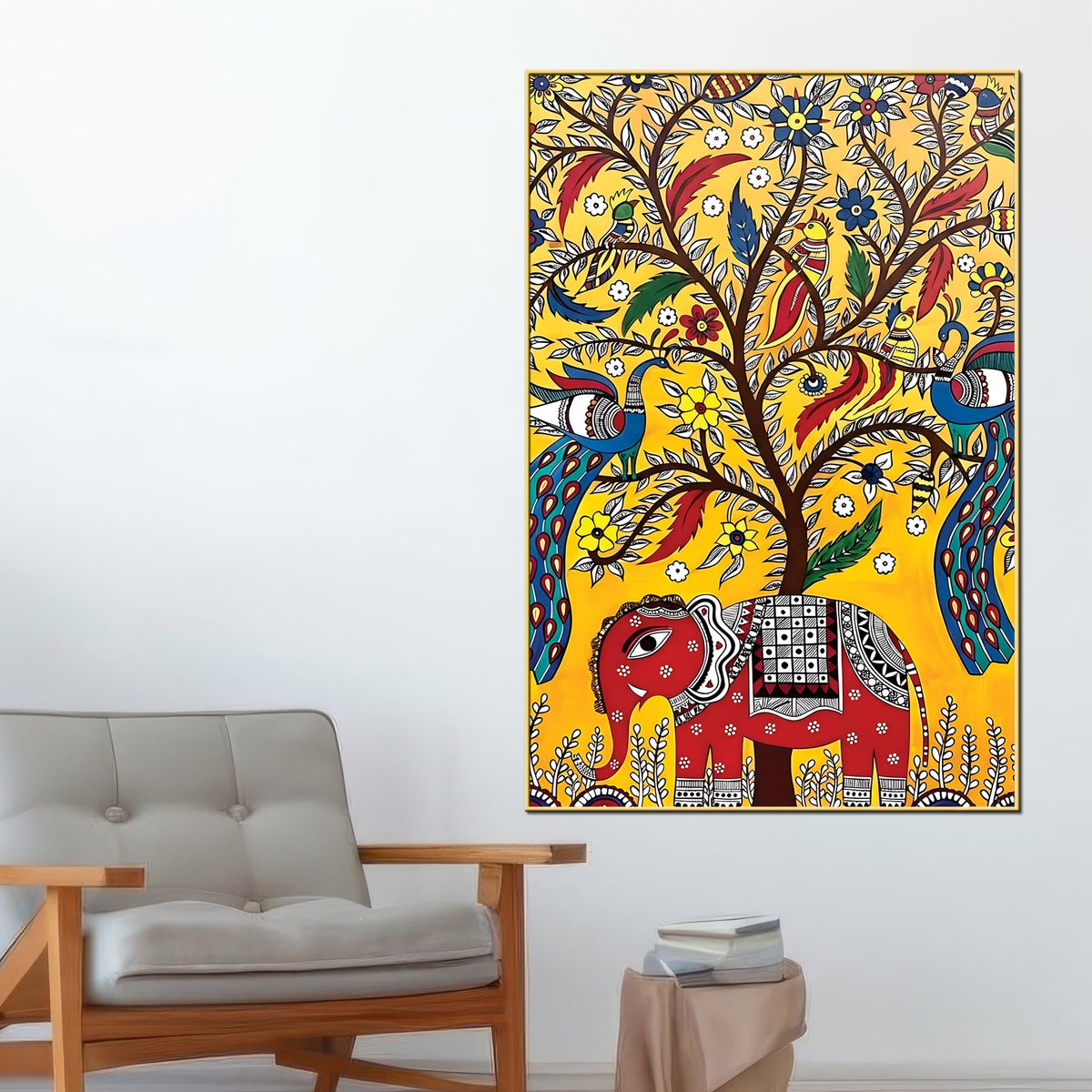 Decorative Elephant & Birds Art Canvas Wall Painting | Traditional Indian Wall Art