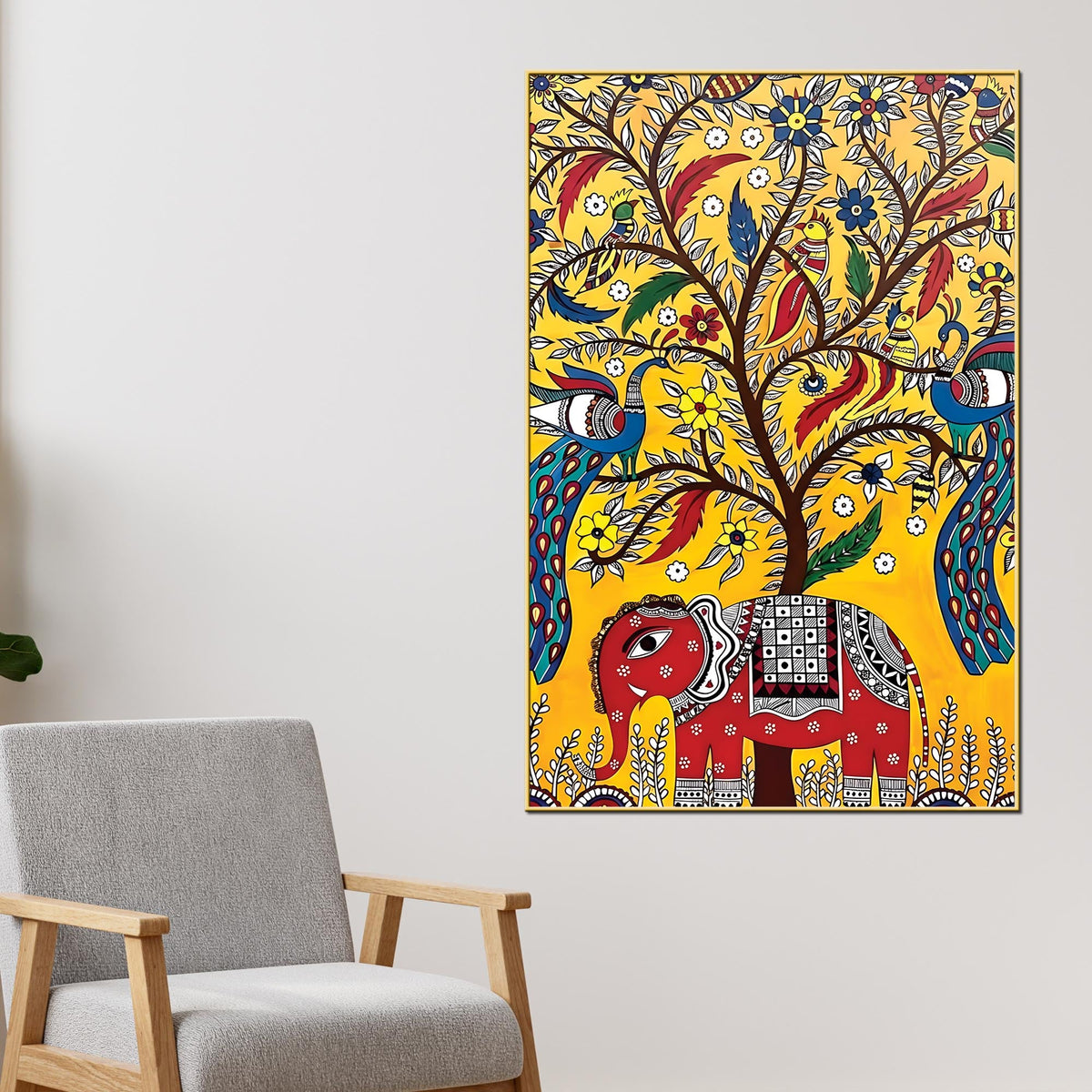 Decorative Elephant & Birds Art Canvas Wall Painting | Traditional Indian Wall Art