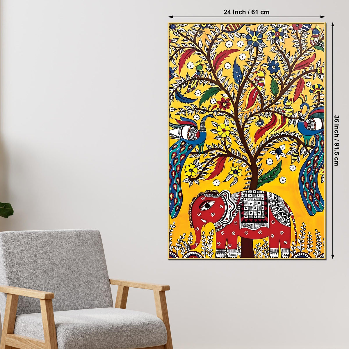 Decorative Elephant & Birds Art Canvas Wall Painting | Traditional Indian Wall Art