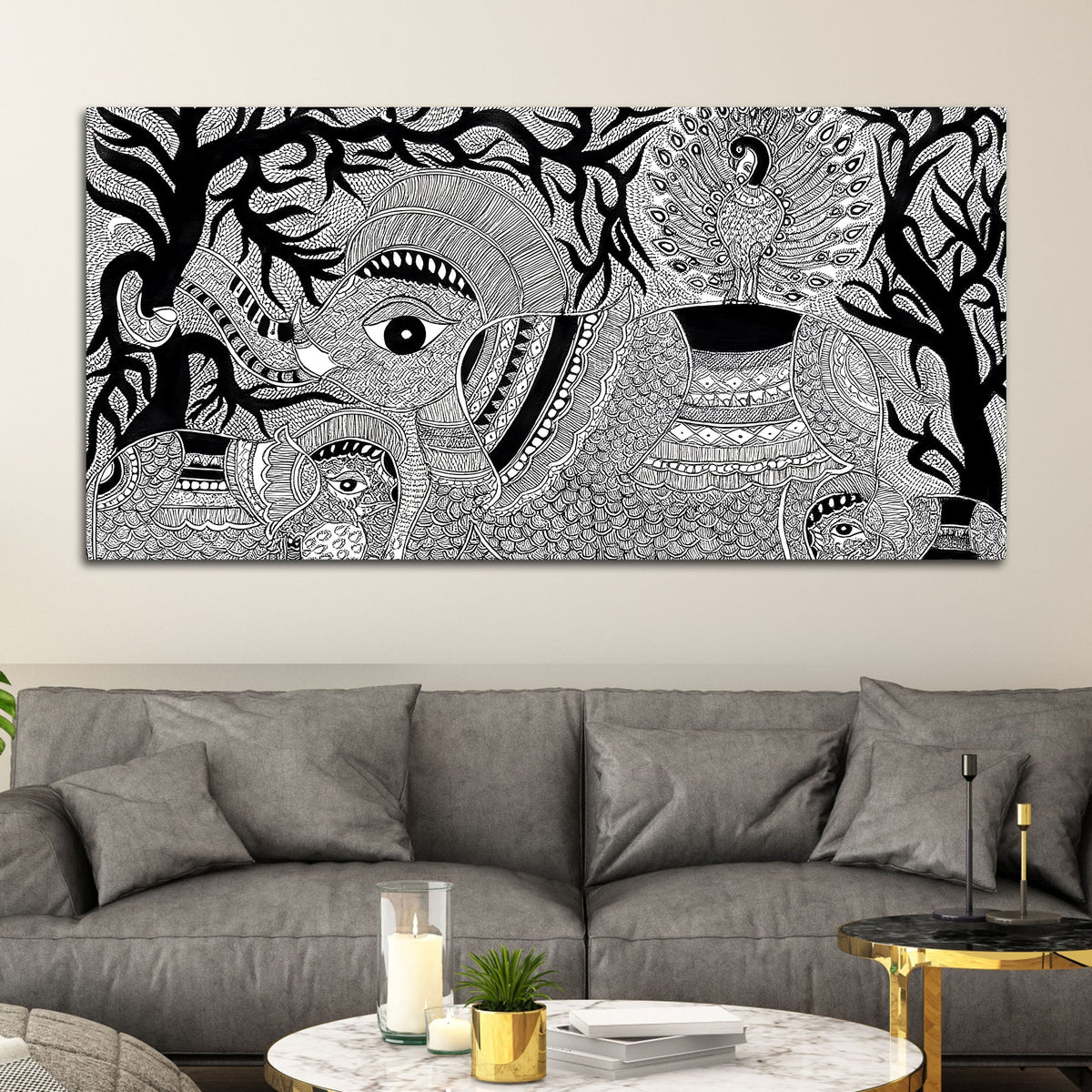 Decorative Madhubani Elephant Canvas Wall Painting