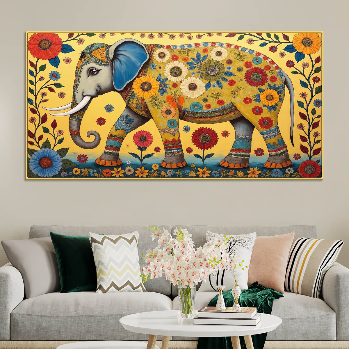 Decorative Madhubani Elephant Floral Canvas Wall Painting